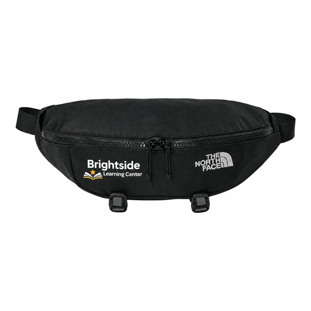 Custom The North Face 3L Travel Hip Pack (NF0A8HYQ) in TNF Black, flat-lay view with a custom printed logo.