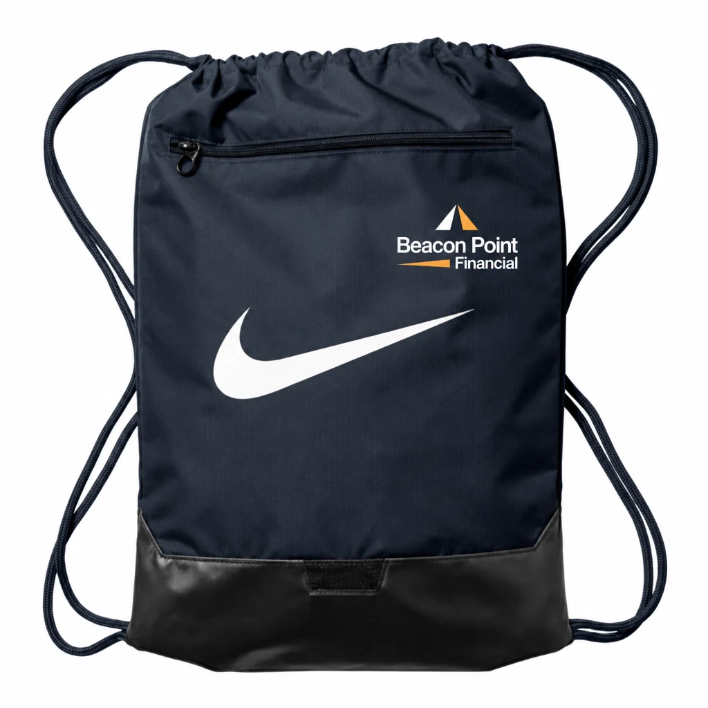 Nike Brasilia Drawstring Pack in Midnight Navy with custom printing.