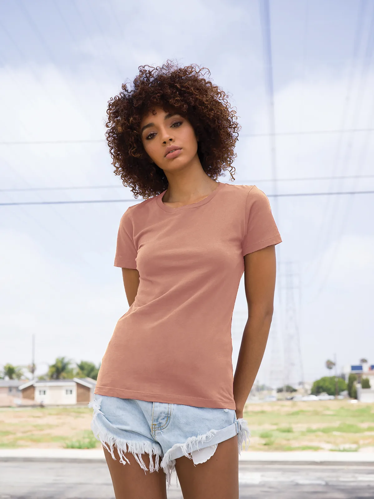 Next Level Apparel Women's Cotton Tee — Style NL3900 in Desert Pink — manufacturer lifestyle photo