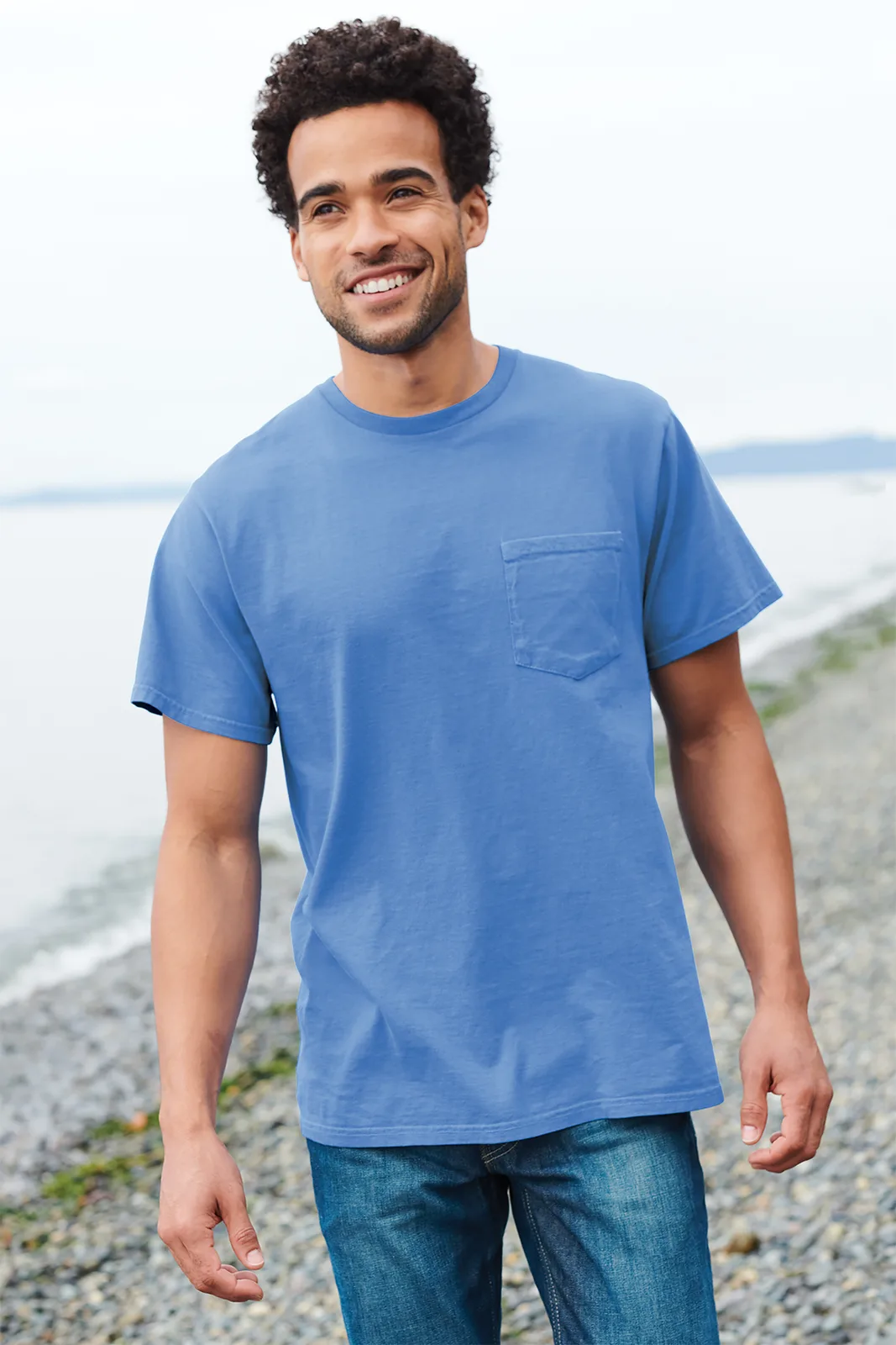 Port & Co Beach Wash Garment-Dyed Pocket Tee — Style PC099P in Blue Moon — manufacturer lifestyle photo