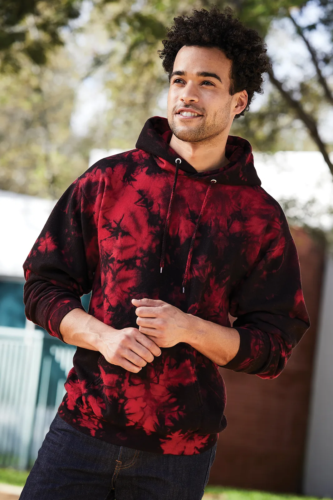 Port & Co Crystal Tie-Dye Pullover Hoodie — Style PC144 in Black/ Red — manufacturer lifestyle photo