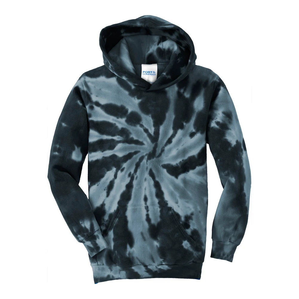 Black Port & Co Youth Tie-Dye Pullover Hooded Sweatshirt style PC146Y, front view