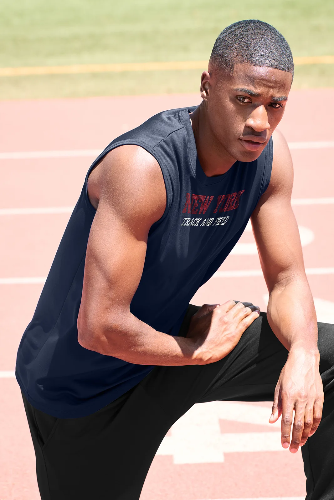 Port & Co Performance Sleeveless Tee — Style PC380SL in True Navy — manufacturer lifestyle photo