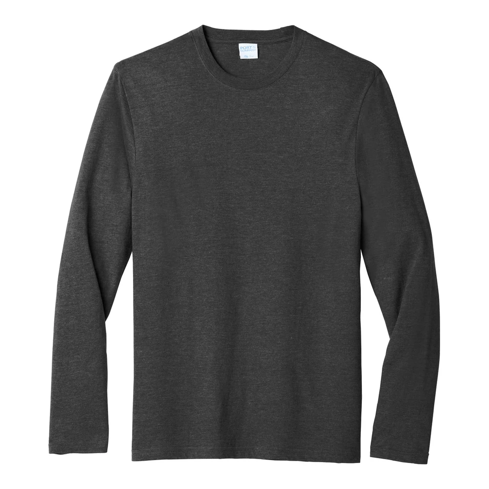 Black Heather Port & Co Long Sleeve Fan Favorite Blend Tee style PC455LS, front view