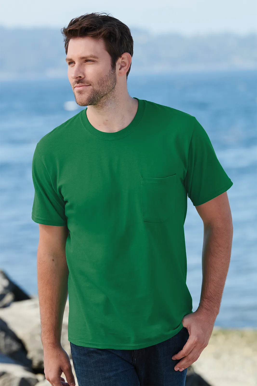 Port & Co Core Cotton Pocket Tee — Style PC54P in Kelly — manufacturer lifestyle photo