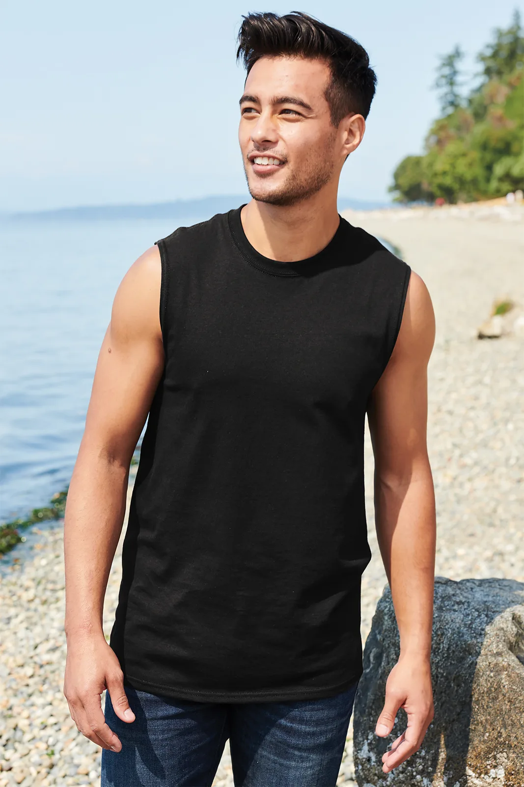 Port & Co Core Cotton Sleeveless Tee — Style PC54SL in Jet Black — manufacturer lifestyle photo