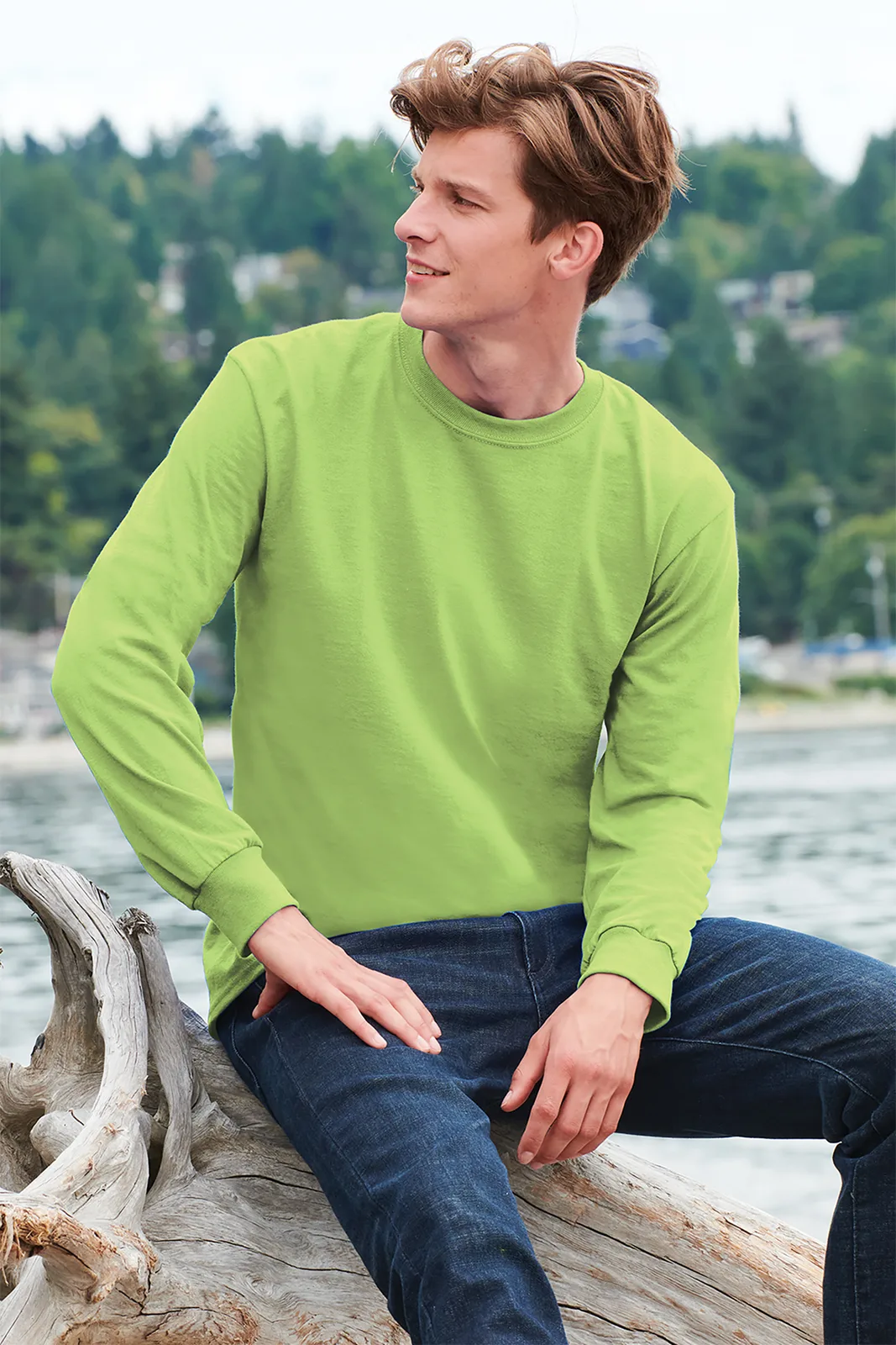 Port & Co Long Sleeve Core Blend Tee — Style PC55LS in Lime — manufacturer lifestyle photo