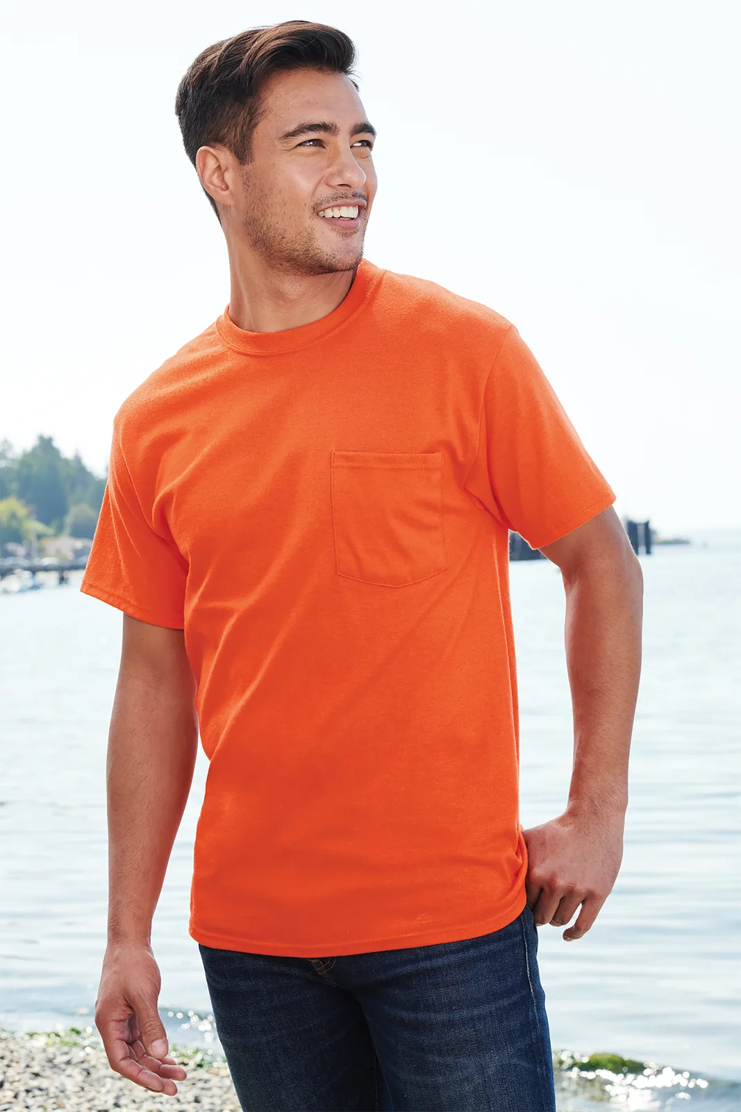 Port & Co Core Blend Pocket Tee — Style PC55P in Orange — manufacturer lifestyle photo