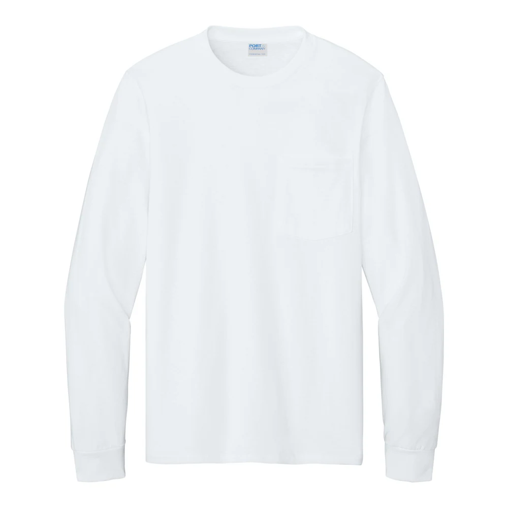 White Port & Co Tall Long Sleeve Essential Pocket Tee style PC61LSPT, front view