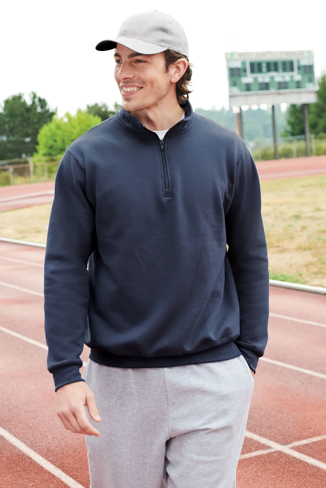 Port & Co Core Fleece 1/4-Zip Pullover Sweatshirt — Style PC78Q in Navy — manufacturer lifestyle photo
