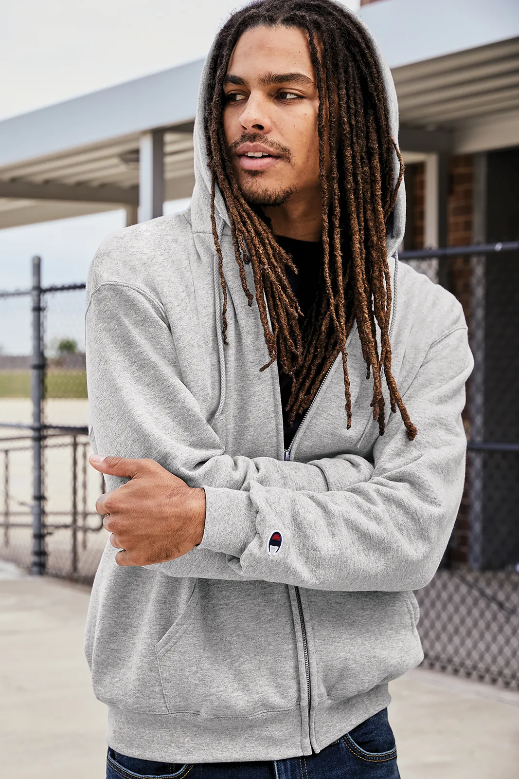 Champion Powerblend Full-Zip Hoodie — Style S800 in Light Steel — manufacturer lifestyle photo