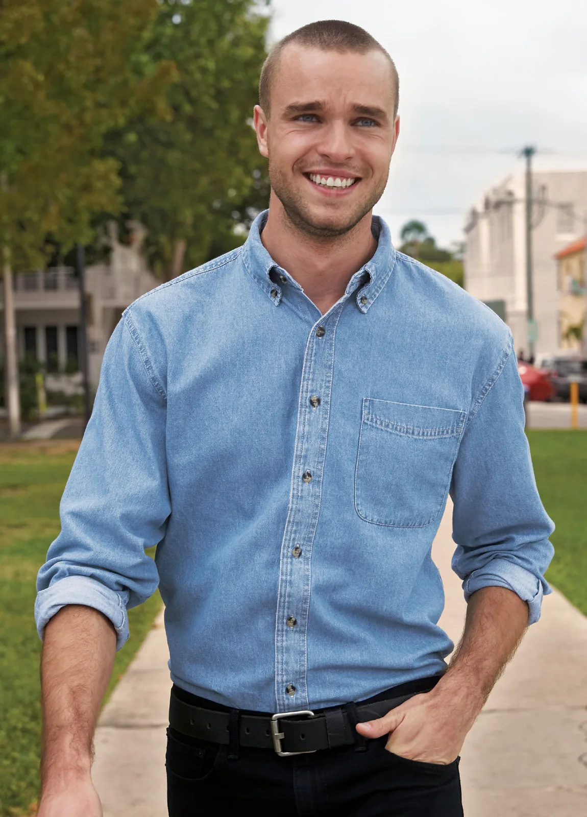 Port & Co Long Sleeve Value Denim Shirt — Style SP10 in Faded Blue — manufacturer lifestyle photo