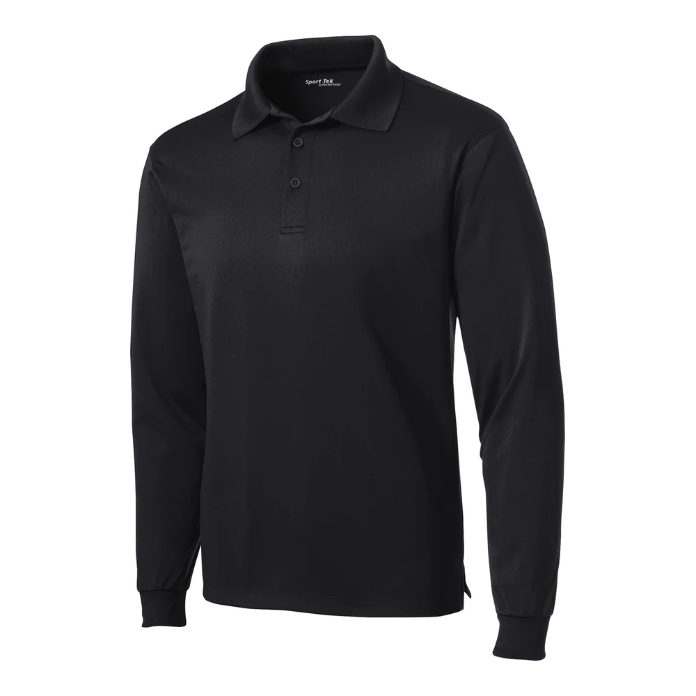 Black Sport-Tek Long Sleeve Micropique Sport-Wick Polo style ST657, front view