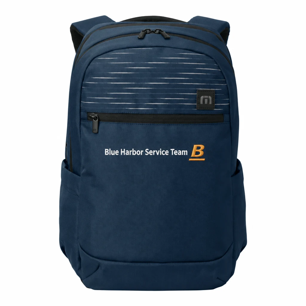 Custom TravisMathew Approach Backpack (TMB100) in River Blue Navy, flat-lay view with a custom embroidered logo.