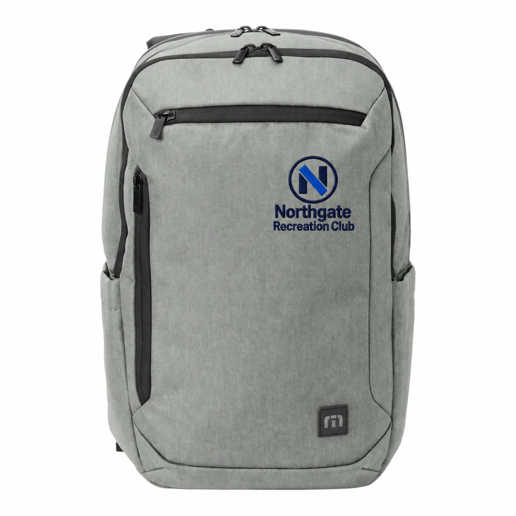 Custom TravisMathew Duration Backpack (TMB105) in Shadow Grey Heather, flat-lay view with a custom embroidered logo.