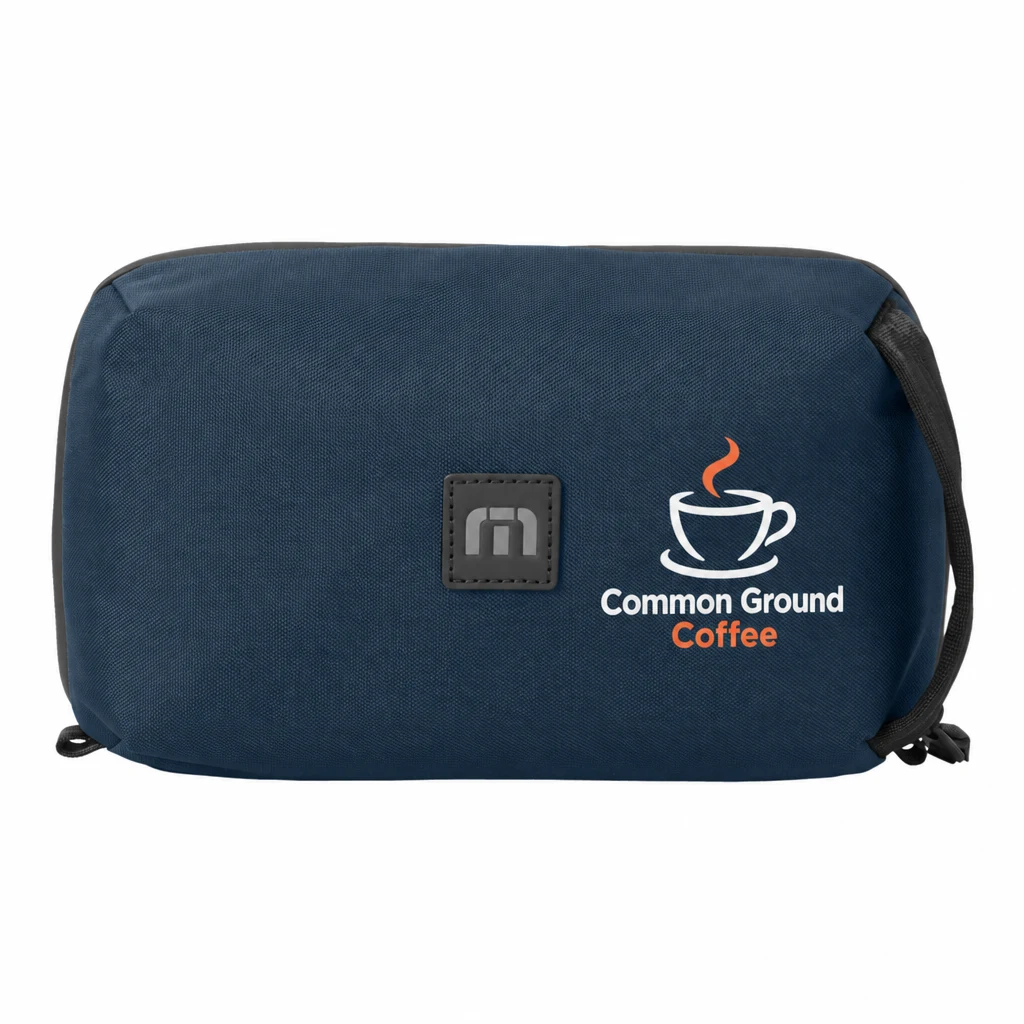 Custom TravisMathew Approach Case (TMB300) in River Blue Navy, flat-lay view with a custom printed logo.