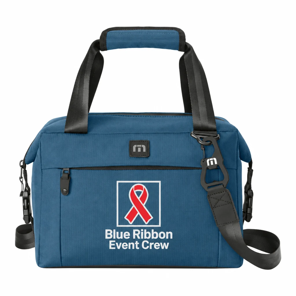 Custom TravisMathew Chill'n 12-Can Cooler (TMB600) in Dusty Blue, flat-lay view with a custom printed logo.