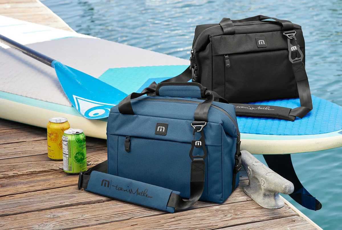 TravisMathew Chill'n 12-Can Cooler — lifestyle photo, shown in Dusty Blue