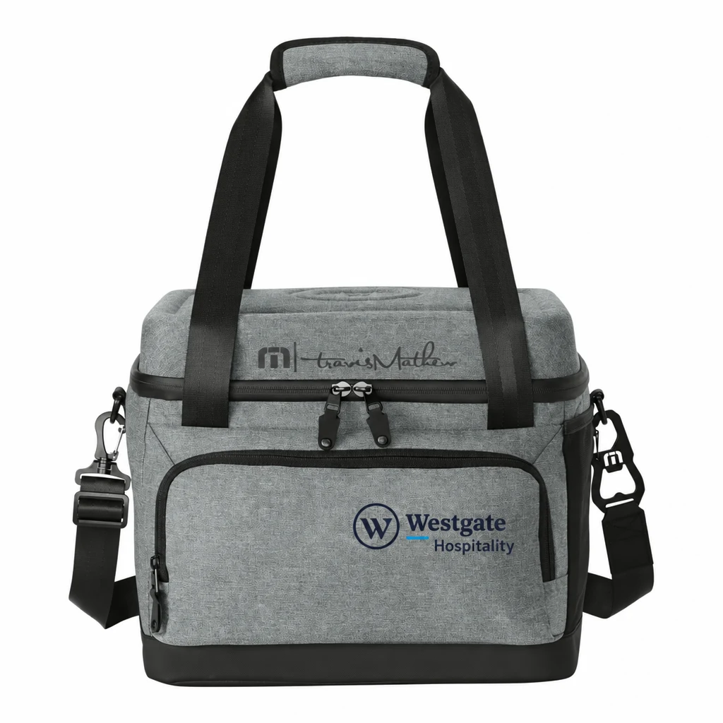 Custom TravisMathew Cruise 24-Can Cooler (TMB601) in Shadow Grey Heather, flat-lay view with a custom printed logo.