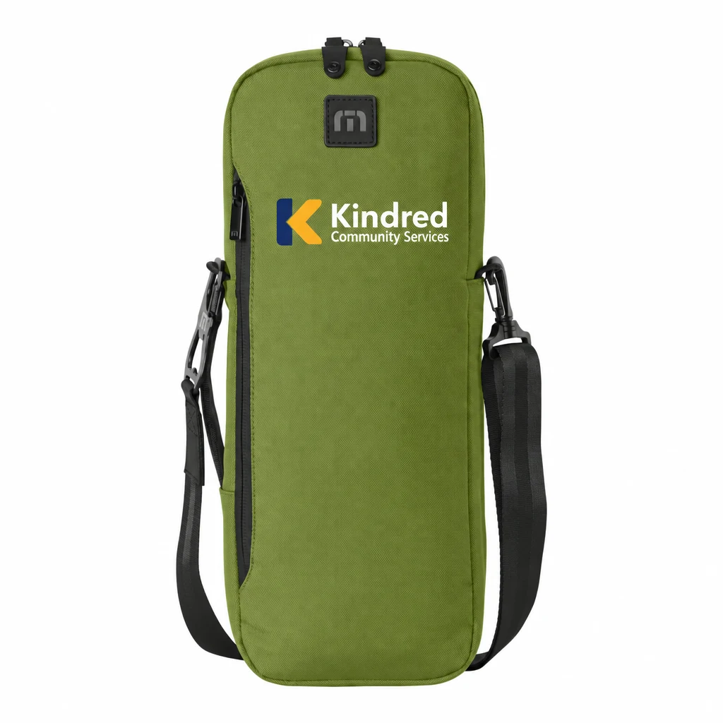 Custom TravisMathew Gimme Cooler (TMB602) in Kona Green, flat-lay view with a custom printed logo.