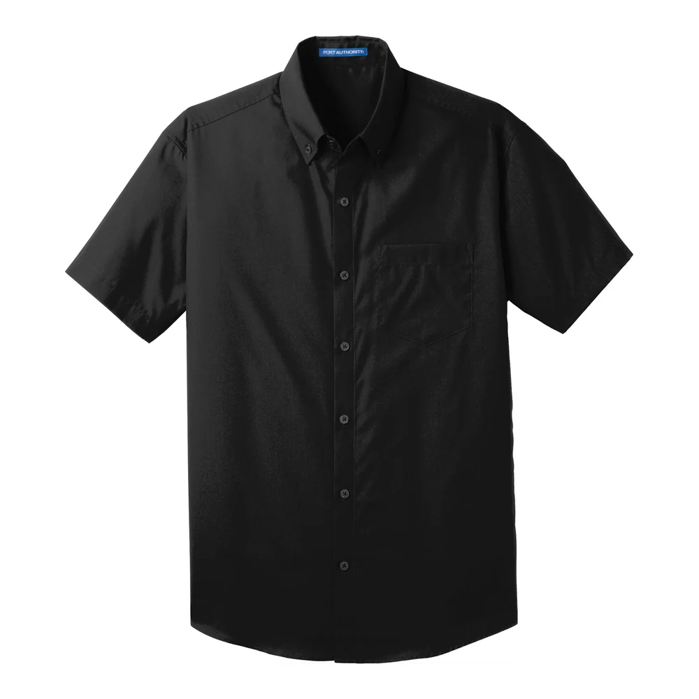 Deep Black Port Authority Short Sleeve Carefree Poplin Shirt style W101, front view
