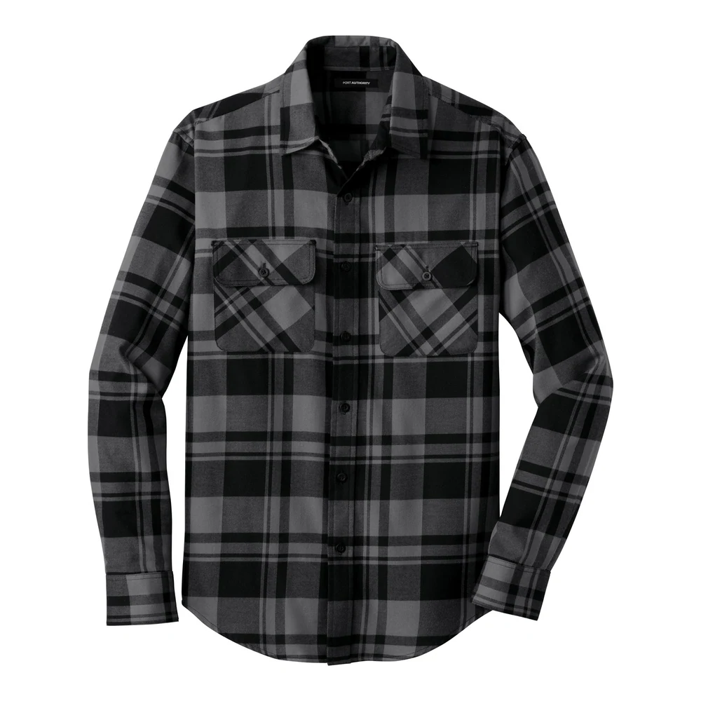 Grey/ Black Port Authority Plaid Flannel Shirt style W668, front view