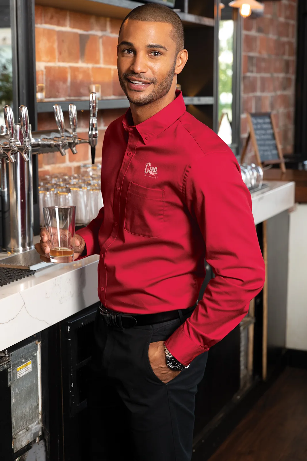 Port Authority Long Sleeve SuperPro React Twill Shirt — Style W808 in Rich Red — manufacturer lifestyle photo