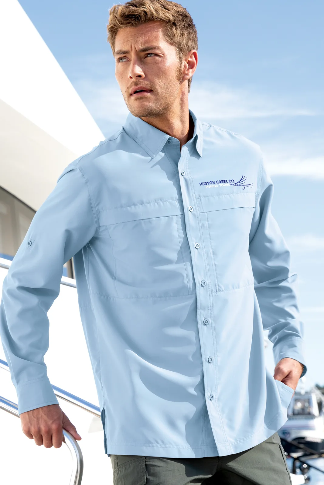 Port Authority Long Sleeve UV Daybreak Shirt — Style W960 in Light Blue — manufacturer lifestyle photo