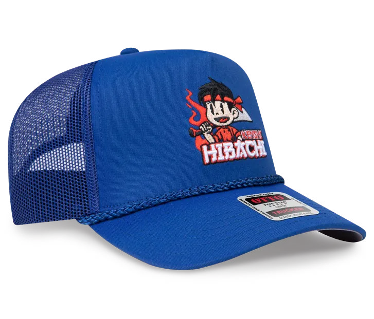 Blue mesh rope cap with a multicolor logo embroidered on the front, a custom hat embroidery detail