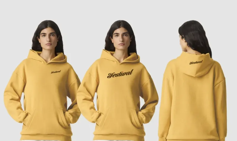 Gold hoodie shown three ways: small chest print, large front print, and back hood print