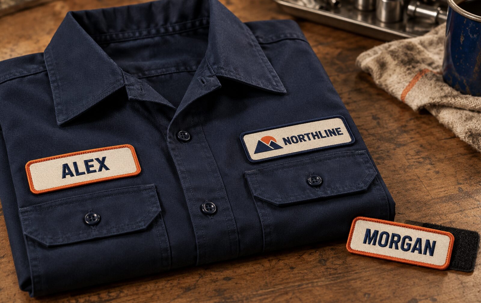 Illustration of a folded navy work shirt with embroidered name patches and a sample logo patch, plus a loose name patch with hook-and-loop backing.