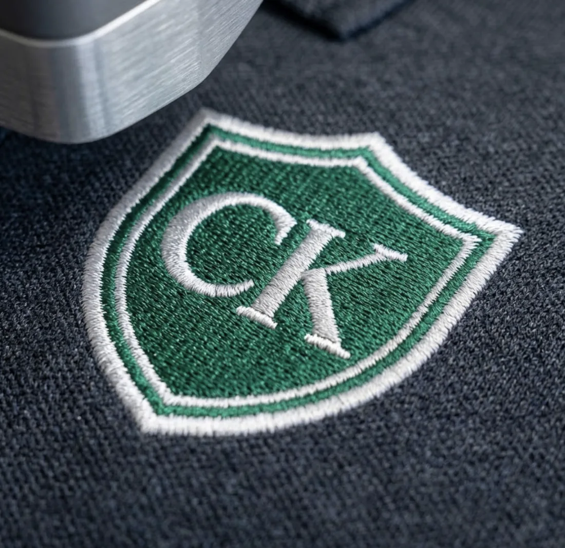 Close-up of a green and white shield logo with the letters CK embroidered on dark gray fabric