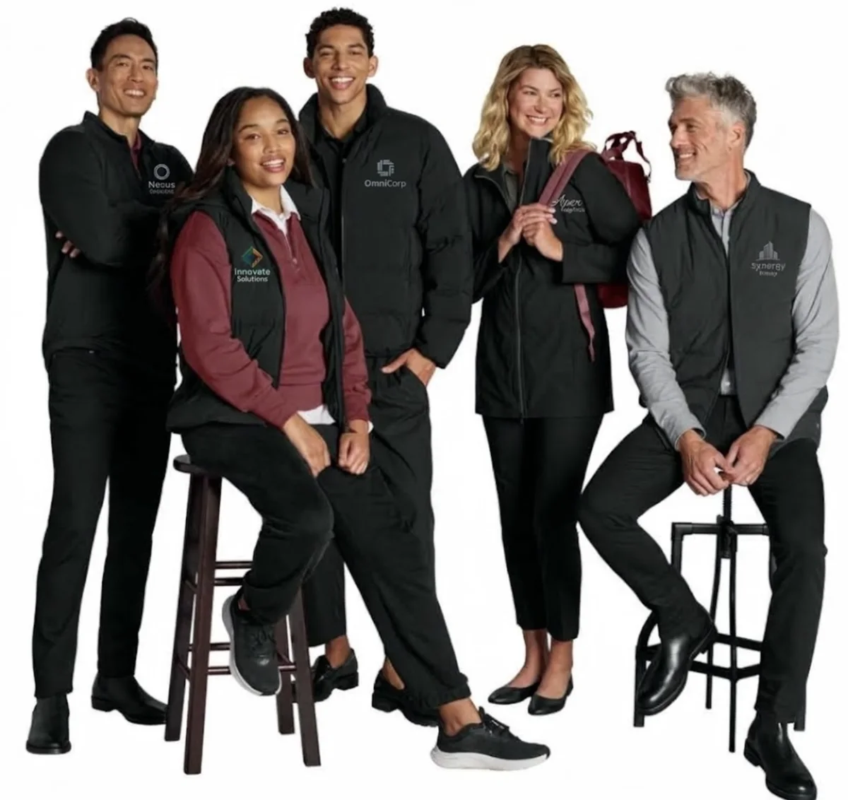 Five people wearing black custom work jackets and vests with company logos over burgundy and gray shirts