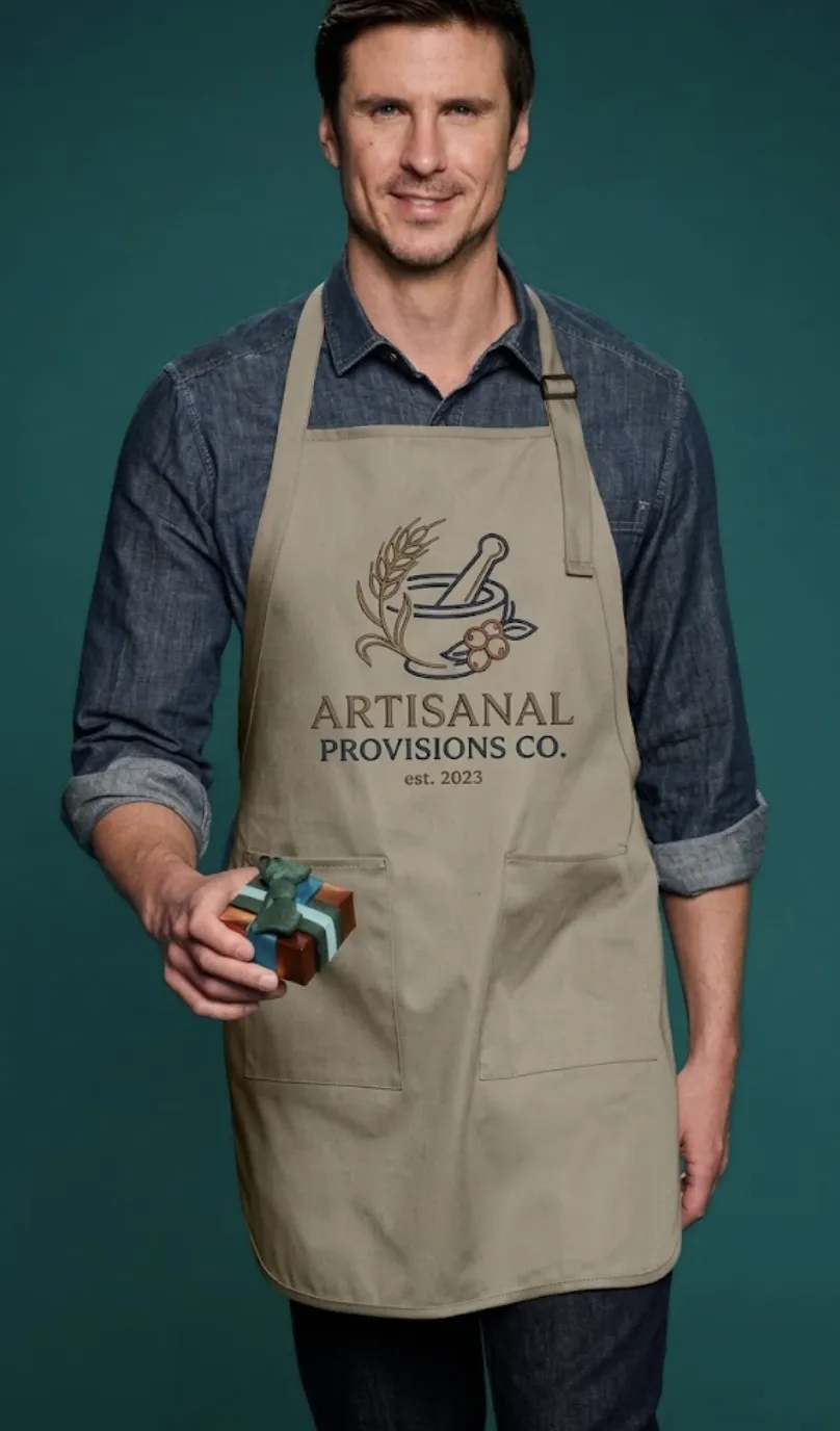Man wearing a navy denim work shirt and tan apron printed with the Artisanal Provisions company logo
