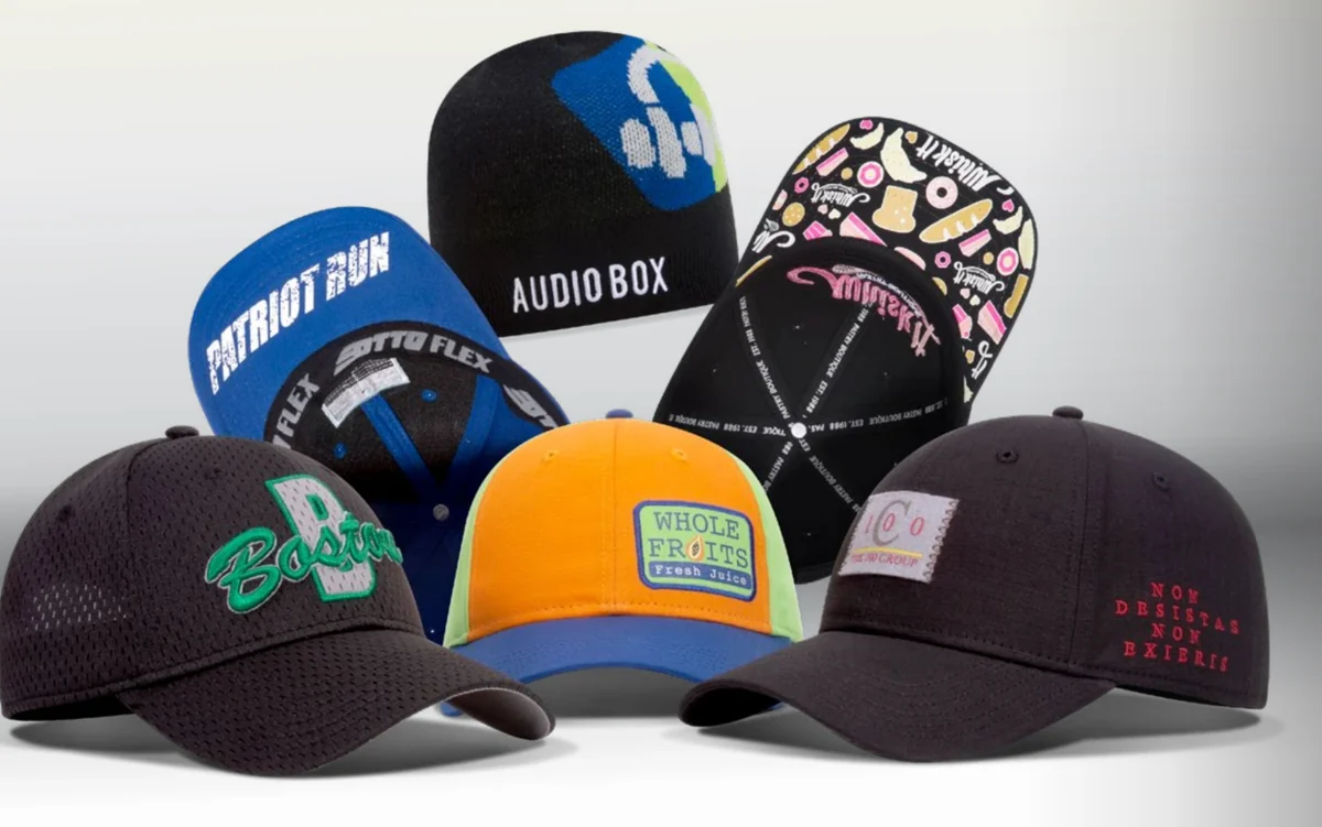 Wide assortment of custom decorated company caps and a beanie, with logos in embroidery, patches and other decoration