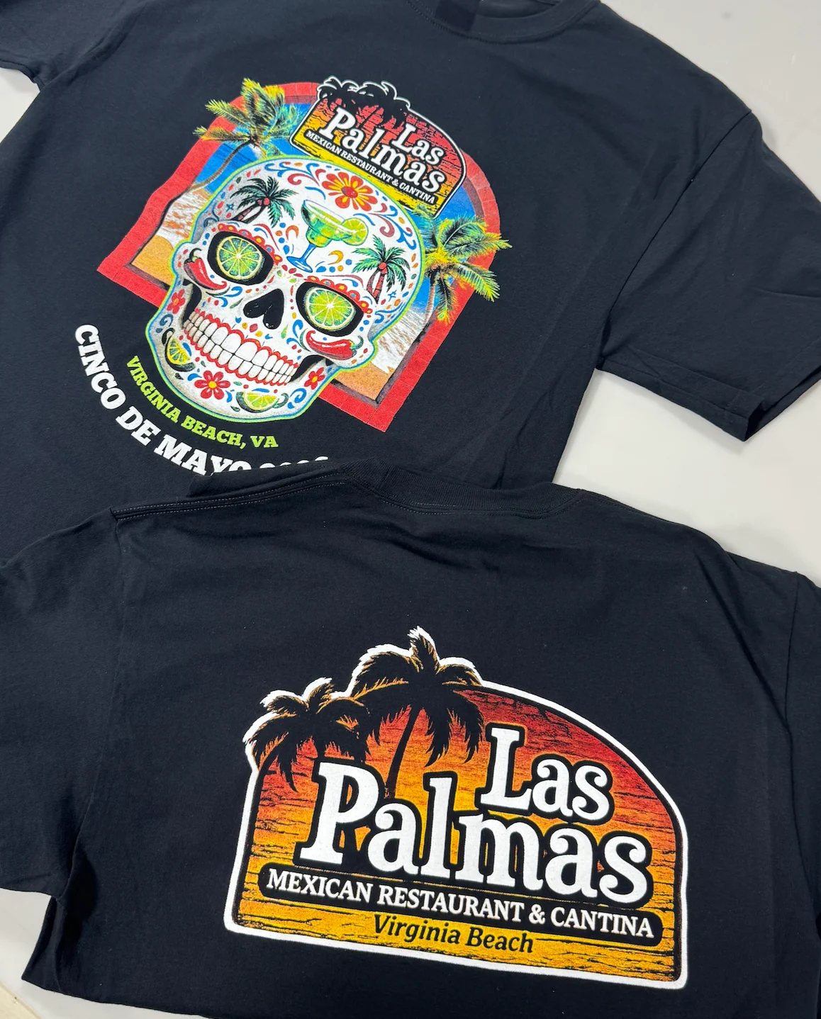 Multicolor screen printed restaurant shirts with Virginia Beach lettering, printed at our Norfolk shop