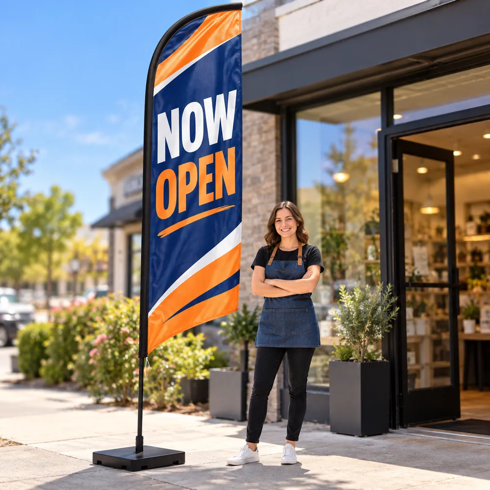 Custom medium feather flag with a storefront message displayed outside a shop