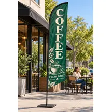 Custom feather flag with a cafe message displayed outside a business
