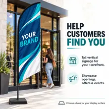 Custom feather flag beside a storefront to help visitors spot the entrance