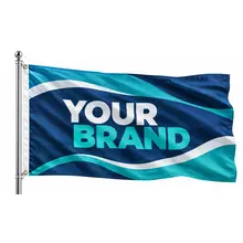 Custom rectangular pole flag with a blue sample design shown on a white background