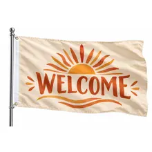 Custom rectangular welcome flag with a blue sample design and left-side grommets