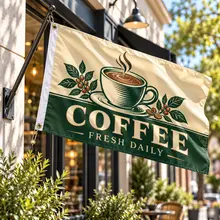 Custom printed rectangular flag displayed beside a neighborhood storefront