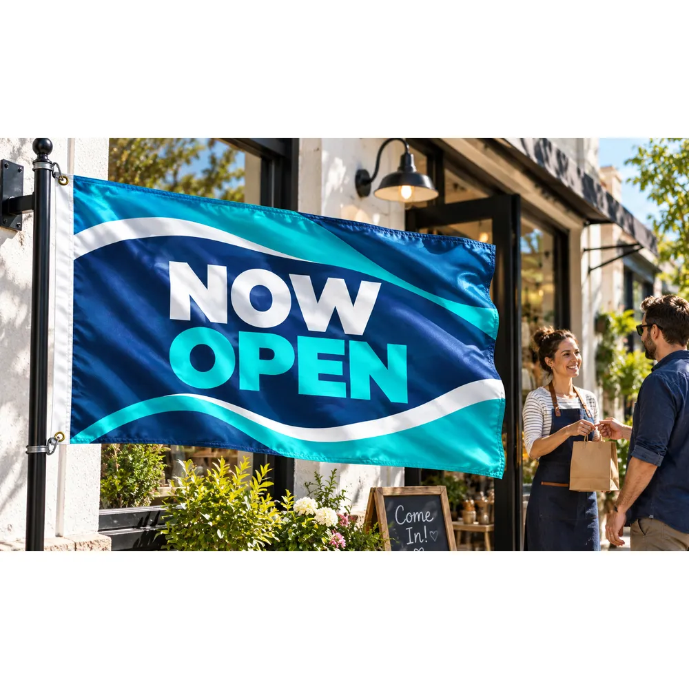 Business owner displaying a custom rectangular flag with a blue and teal graphic