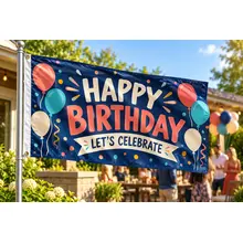 Custom birthday flag with a colorful celebration message displayed outdoors