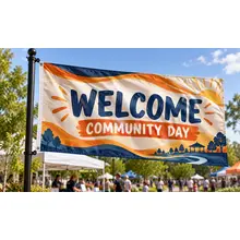 Custom community event flag with a welcome message displayed outside