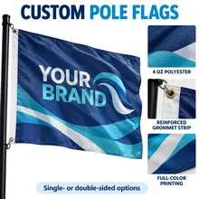 Custom rectangular flag guide showing polyester fabric, reinforced grommets and print options