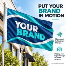Custom rectangular business flag displayed outdoors beside a storefront