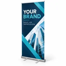 Custom retractable banner stand with a blue sample graphic on a clean white background
