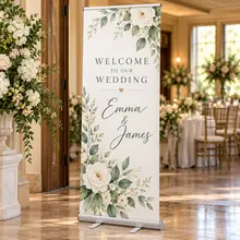 Custom retractable welcome banner displayed at a wedding