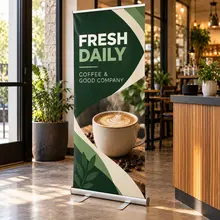 Custom retractable banner with a restaurant promotion beside a dining area